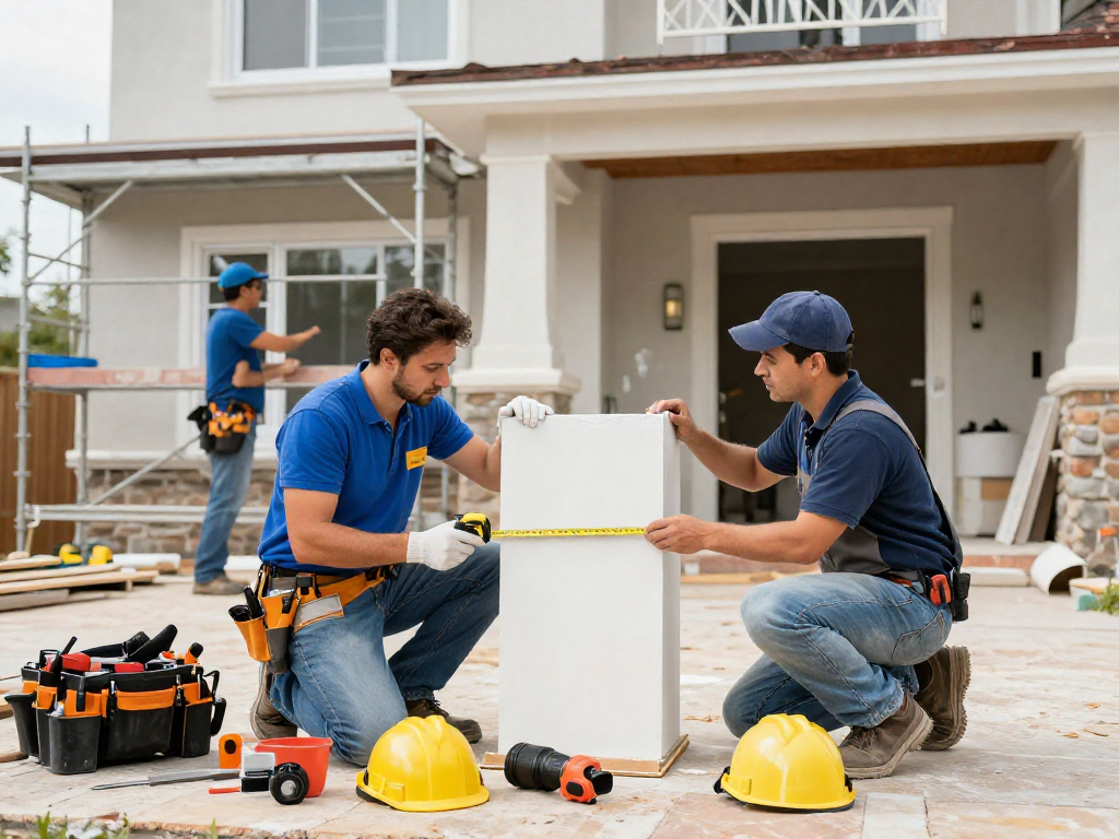 Home service marketing agency team working outdoors, showcasing collaboration and professional skills on a renovation project.