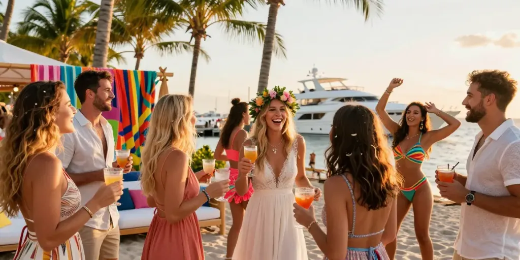 Hire strippers for an unforgettable Miami bachelorette beach party, featuring vibrant scenes of friends celebrating.