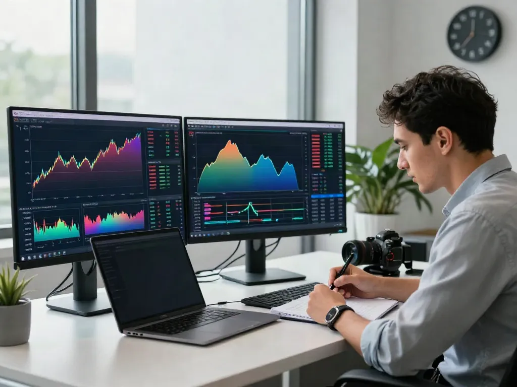 Professional trader analyzing MetaTrader 5 financial charts in a modern office.