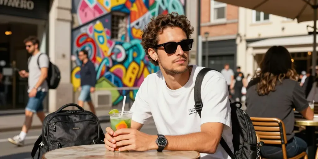 Estilo vibrante com óculos de sol em ambiente urbano.