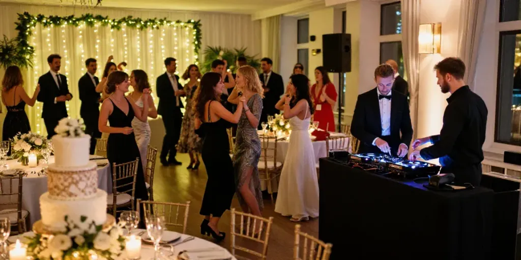 Hochzeit DJ Berlin Brandenburg energizing wedding guests with music in a decorated reception hall.