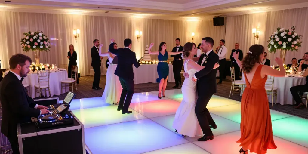Hochzeit DJ berlin brandenburg mit fröhlichen Gästen auf der Tanzfläche und eleganter Dekoration.