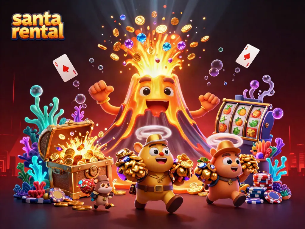 Santa rental illustration featuring a joyful volcano with treasure amidst poker cards and coins.
